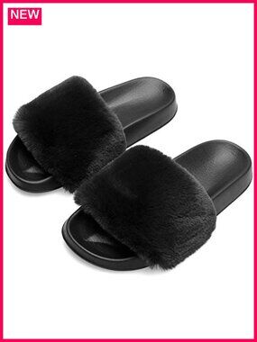 Faux Fur Fuzzy Slides Slippers for Women Open Toe Non-Slip EVA Sole